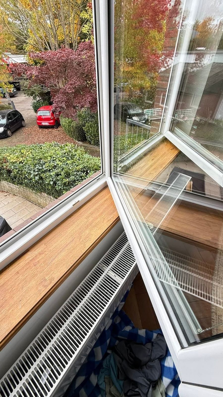 Streifenfrei gereinigtes Fenster mit sauberer Fensterbank