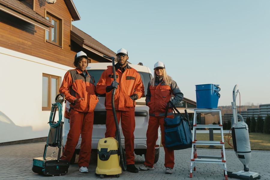 Hausmeister-Team mit professioneller Ausrüstung